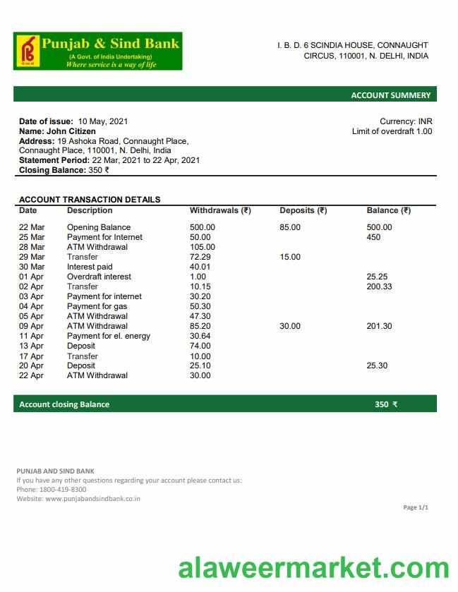 India Punjab and Sind Bank statement